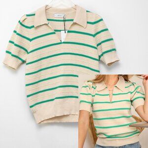 Greylin Billie Knit Polo Top Stripe Collar Short Sleeve Tan Green Medium New